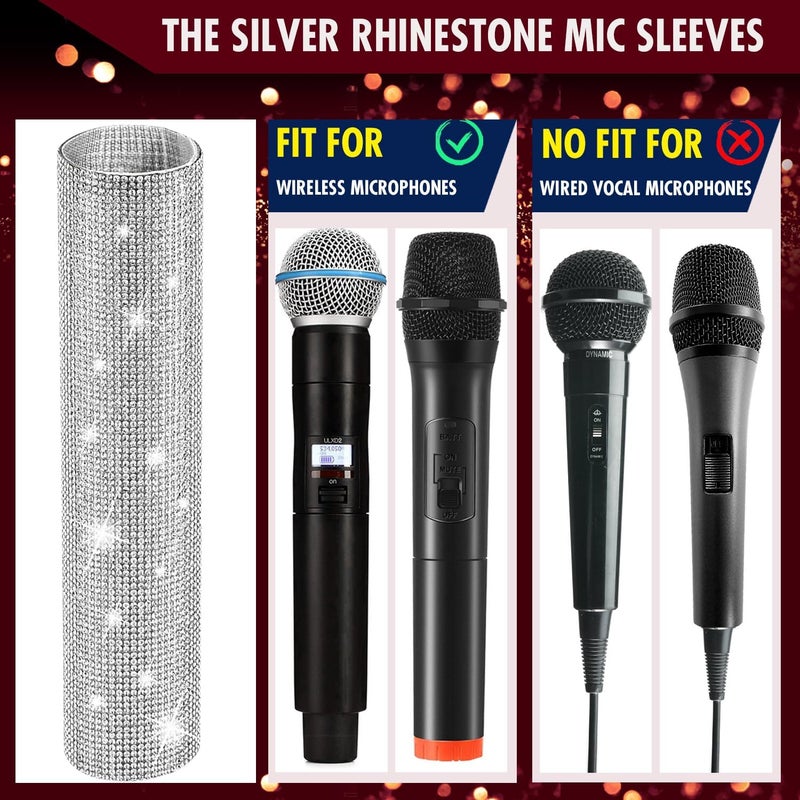 Facmogu MIC NOT INCLUDED, Silver Mic Handle Cover, Rhinestones Mic Handle Sleeve for Party & TV Show, Microphone Cover Sleeve with Sparkly Bling Rhinestones Fit for Most Universal Wireless Microphones - Image 3